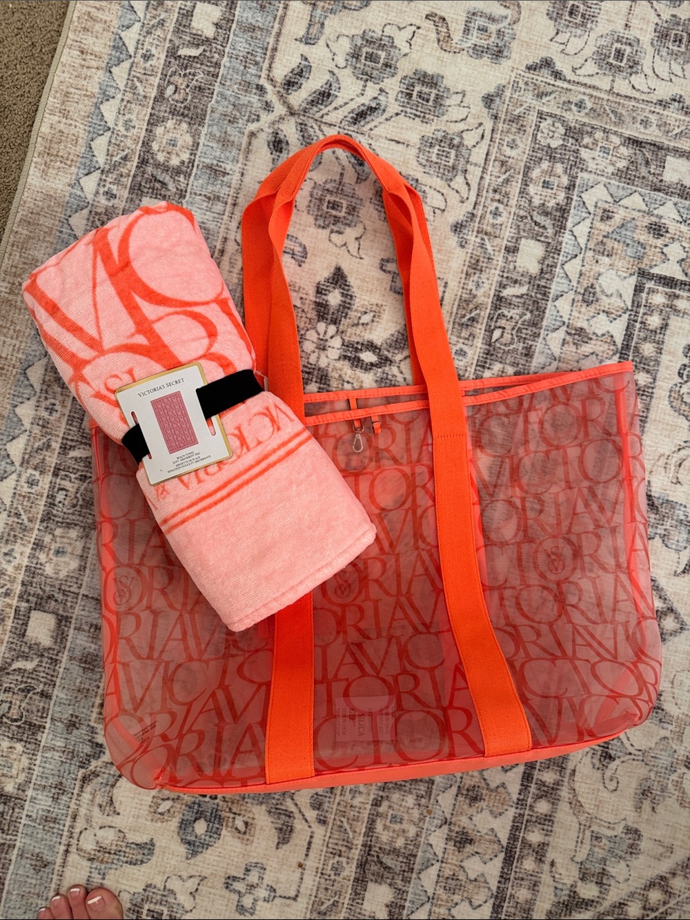 Victoria's Secret Coral-Orange Mesh Tote with Pink Logo Towel NWT